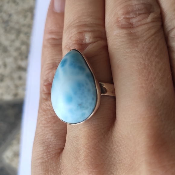 Solid Sterling Silver Pear Larimar Ring Sz 7.75 - Picture 10 of 14